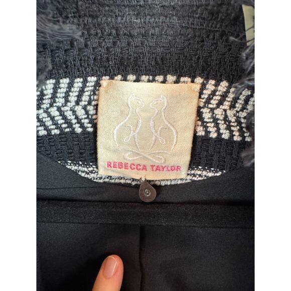 REBECCA TAYLOR black white cotton wool blend tweed fringe blazer jacket 0 - Picture 7 of 11